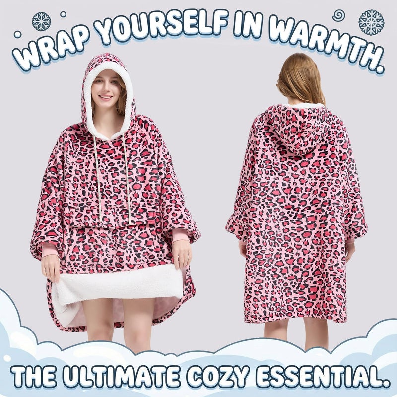 Qeils Wearable Blanket Hoodie for Women, Comfy Sherpa Sweatshirt Blanket as Birthday Christmas Gifts, Oversized Pullover Jacket Blanket Hoodie for Adult (Pink Leopard, Adult) - Image 5