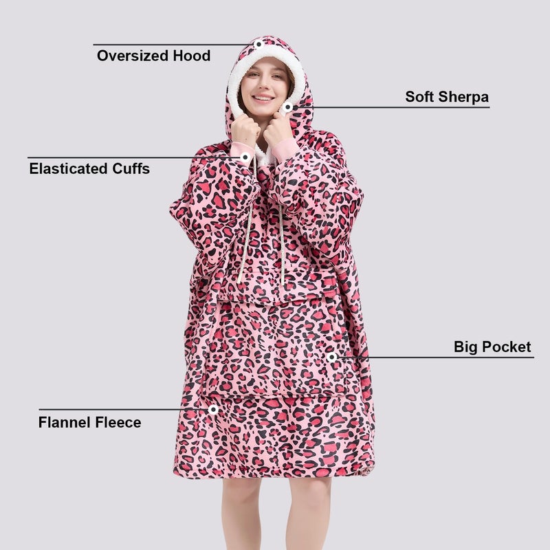 Qeils Wearable Blanket Hoodie for Women, Comfy Sherpa Sweatshirt Blanket as Birthday Christmas Gifts, Oversized Pullover Jacket Blanket Hoodie for Adult (Pink Leopard, Adult) - Image 4