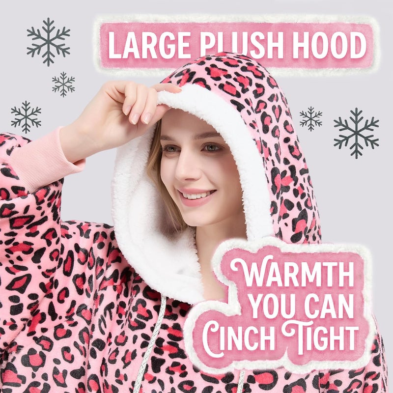 Qeils Wearable Blanket Hoodie for Women, Comfy Sherpa Sweatshirt Blanket as Birthday Christmas Gifts, Oversized Pullover Jacket Blanket Hoodie for Adult (Pink Leopard, Adult) - Image 3