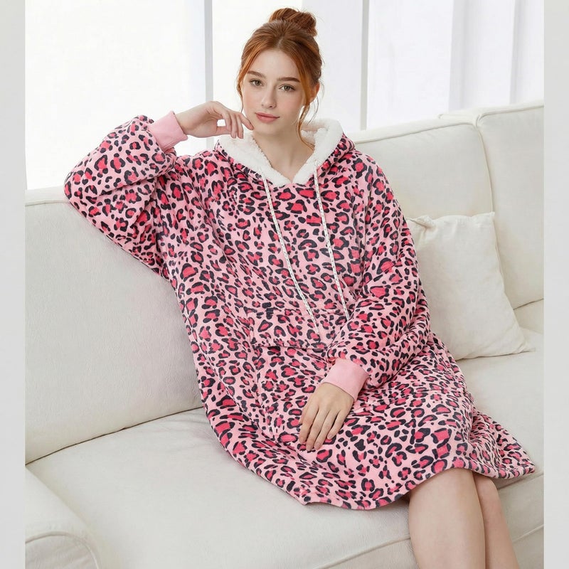 Qeils Wearable Blanket Hoodie for Women, Comfy Sherpa Sweatshirt Blanket as Birthday Christmas Gifts, Oversized Pullover Jacket Blanket Hoodie for Adult (Pink Leopard, Adult) - Image 2
