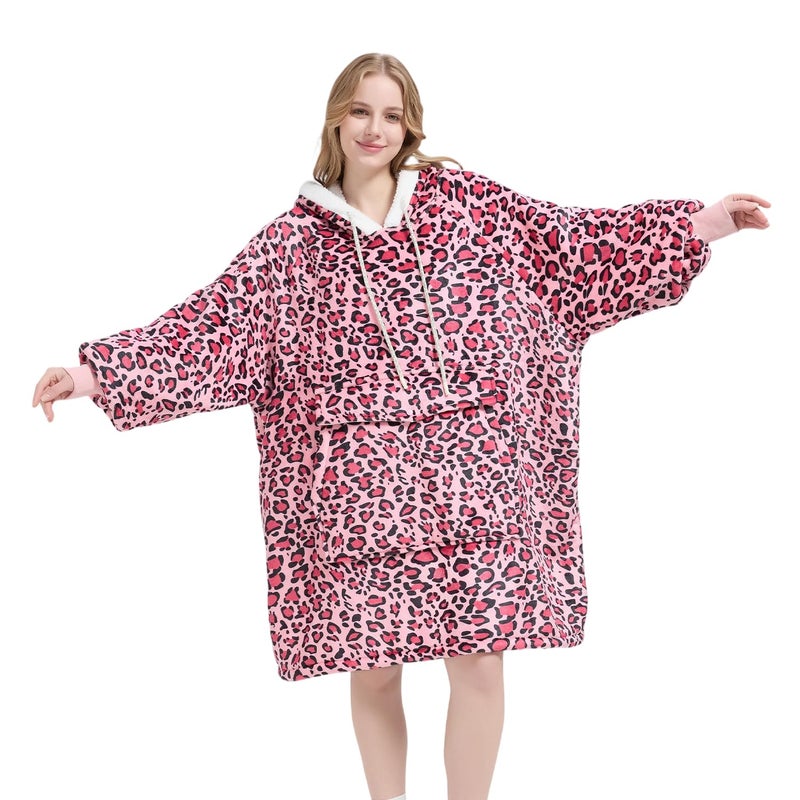 Qeils Wearable Blanket Hoodie for Women, Comfy Sherpa Sweatshirt Blanket as Birthday Christmas Gifts, Oversized Pullover Jacket Blanket Hoodie for Adult (Pink Leopard, Adult) - Image 1