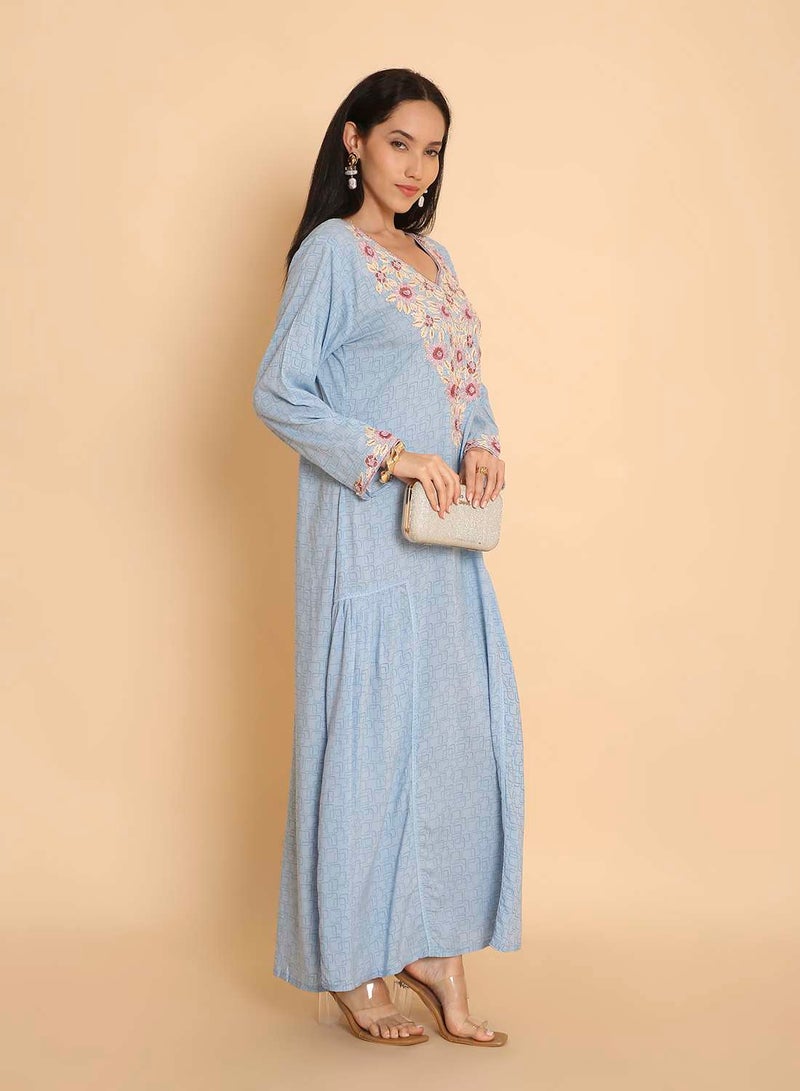 HANA & SARA Long hand printed arabic kaftan jalabiya with high end embroidery dress - Image 5
