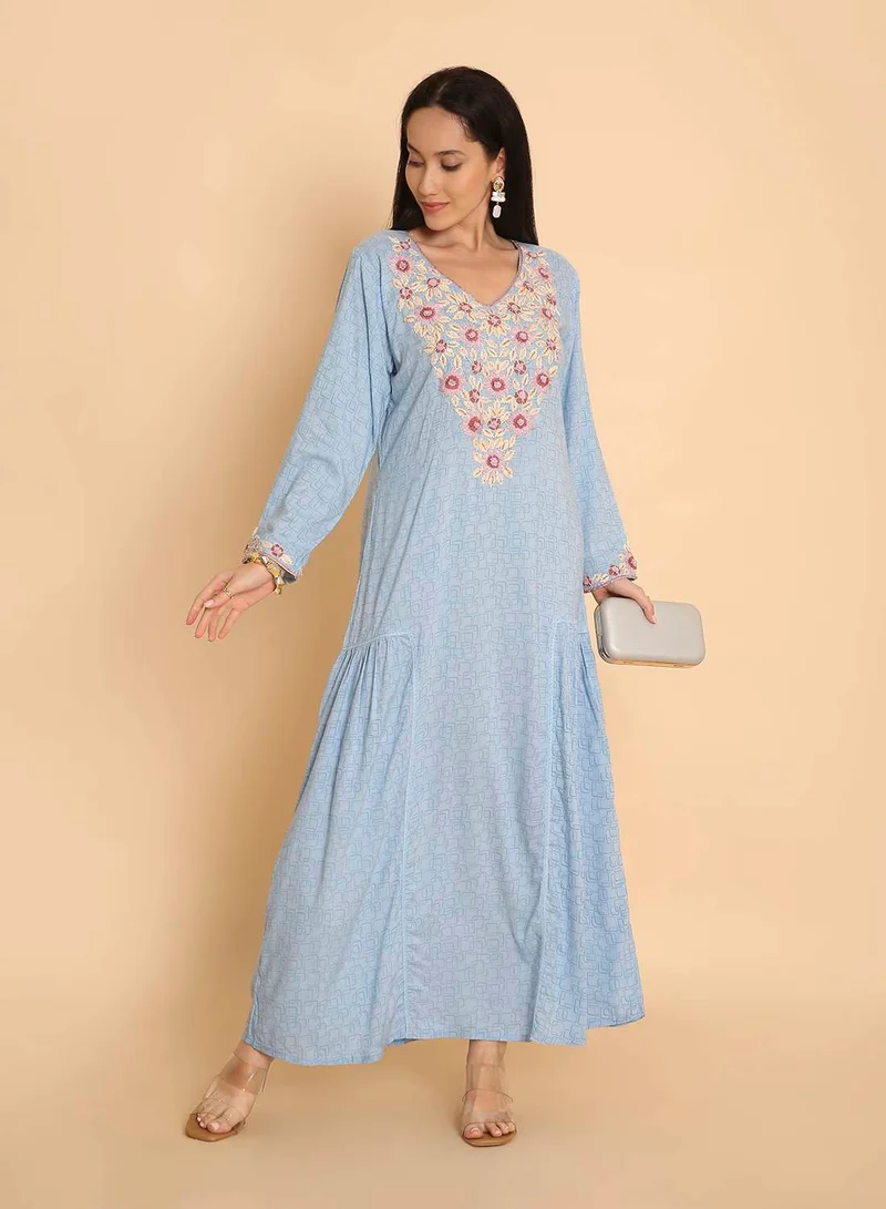 HANA & SARA Long hand printed arabic kaftan jalabiya with high end embroidery dress