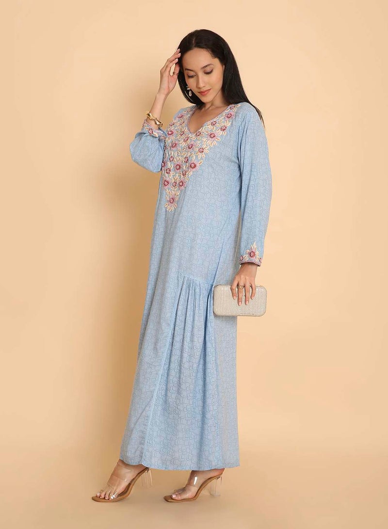 HANA & SARA Long hand printed arabic kaftan jalabiya with high end embroidery dress - Image 4