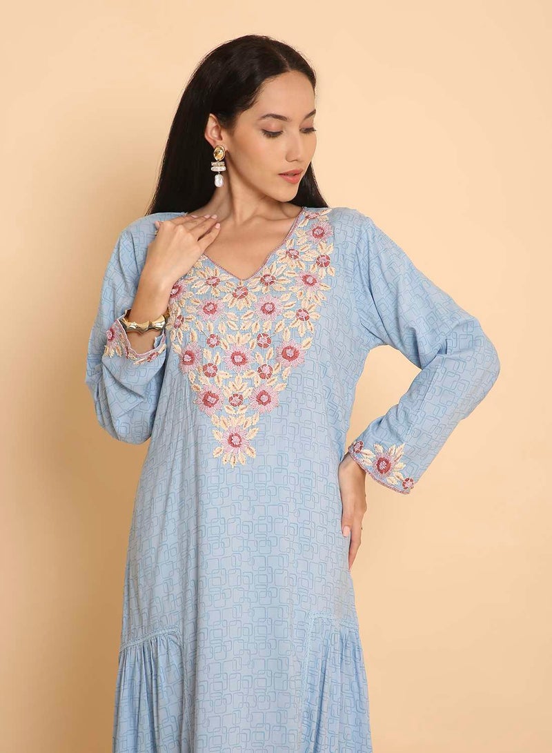HANA & SARA Long hand printed arabic kaftan jalabiya with high end embroidery dress - Image 3