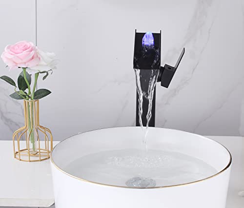YCCUZA Black Vessel Faucet Bathroom Waterfall Open Spout Led Color Changing by Temperature Basin Faucet for Bowl Sink Right Handle 1 Hole Without Overflow Pop Up Drain Supply Hose Vanity Bath Tap Deck Mount - Image 4