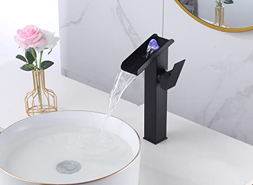 YCCUZA Black Vessel Faucet Bathroom Waterfall Open Spout Led Color Changing by Temperature Basin Faucet for Bowl Sink Right Handle 1 Hole Without Overflow Pop Up Drain Supply Hose Vanity Bath Tap Deck Mount - Image 3