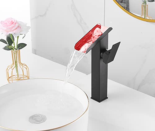 YCCUZA Black Vessel Faucet Bathroom Waterfall Open Spout Led Color Changing by Temperature Basin Faucet for Bowl Sink Right Handle 1 Hole Without Overflow Pop Up Drain Supply Hose Vanity Bath Tap Deck Mount - Image 5