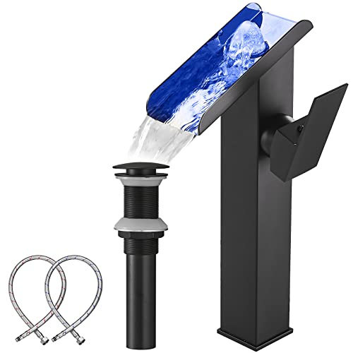 YCCUZA Black Vessel Faucet Bathroom Waterfall Open Spout Led Color Changing by Temperature Basin Faucet for Bowl Sink Right Handle 1 Hole Without Overflow Pop Up Drain Supply Hose Vanity Bath Tap Deck Mount - Image 1