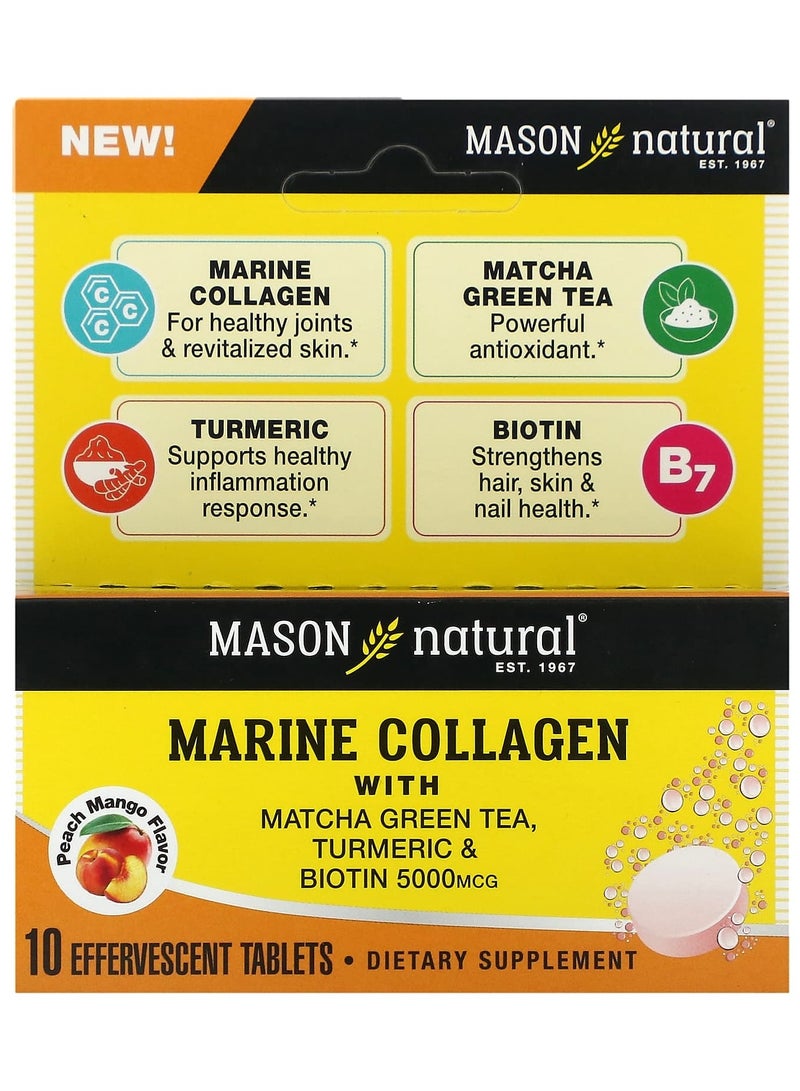 Mason Natural Marine Collagen with Matcha Green Tea, Turmeric & Biotin, Peach Mango, 5,000 mcg, 10 Effervescent Tablets