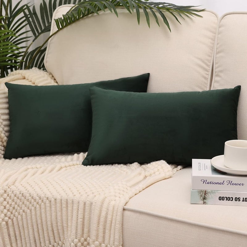 MZPSO Pack of 2,Velvet Super Soft Solid Decorative Square Throw Pillows Covers Set Cushion Case for Sofa Bedroom Car 12 x 20 Inch 30 x 50 cm,Dark Green - Image 1