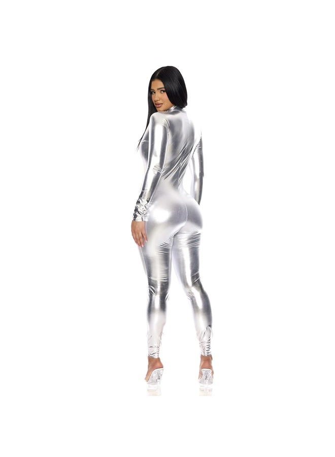 Forplay Women's Metallic Catsuit Bodysuit - Shiny Onepiece Jumpsuit, Silver, M-L - Image 2
