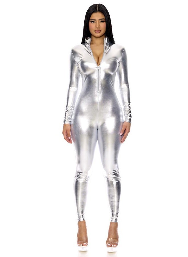 Forplay Women's Metallic Catsuit Bodysuit - Shiny Onepiece Jumpsuit, Silver, M-L - Image 4