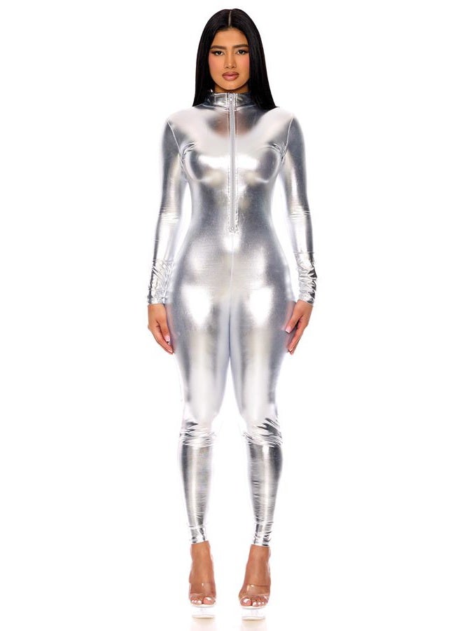 Forplay Women's Metallic Catsuit Bodysuit - Shiny Onepiece Jumpsuit, Silver, M-L - Image 3