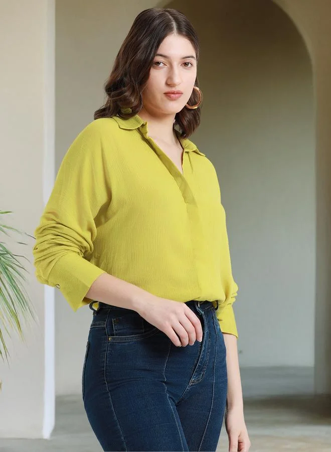 دينيس لينغو قميص نسائي بياقة وأزرار من فيسكوز أخضر ليموني سادة