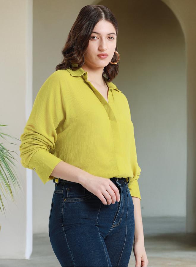 دينيس لينغو قميص نسائي بياقة وأزرار من فيسكوز أخضر ليموني سادة - Image 1