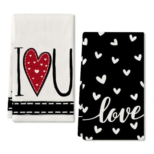 ARKENY Valentines Day Kitchen Towels Set of 2,Black Heart I Love U Sign Dish Towels 18x26 Inch Drying Dishcloth,Farmhouse Home Wedding Decoration AD151 - Image 1