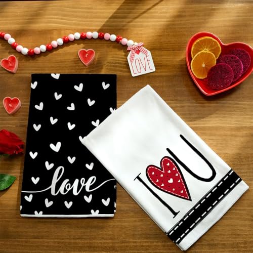 ARKENY Valentines Day Kitchen Towels Set of 2,Black Heart I Love U Sign Dish Towels 18x26 Inch Drying Dishcloth,Farmhouse Home Wedding Decoration AD151 - Image 3