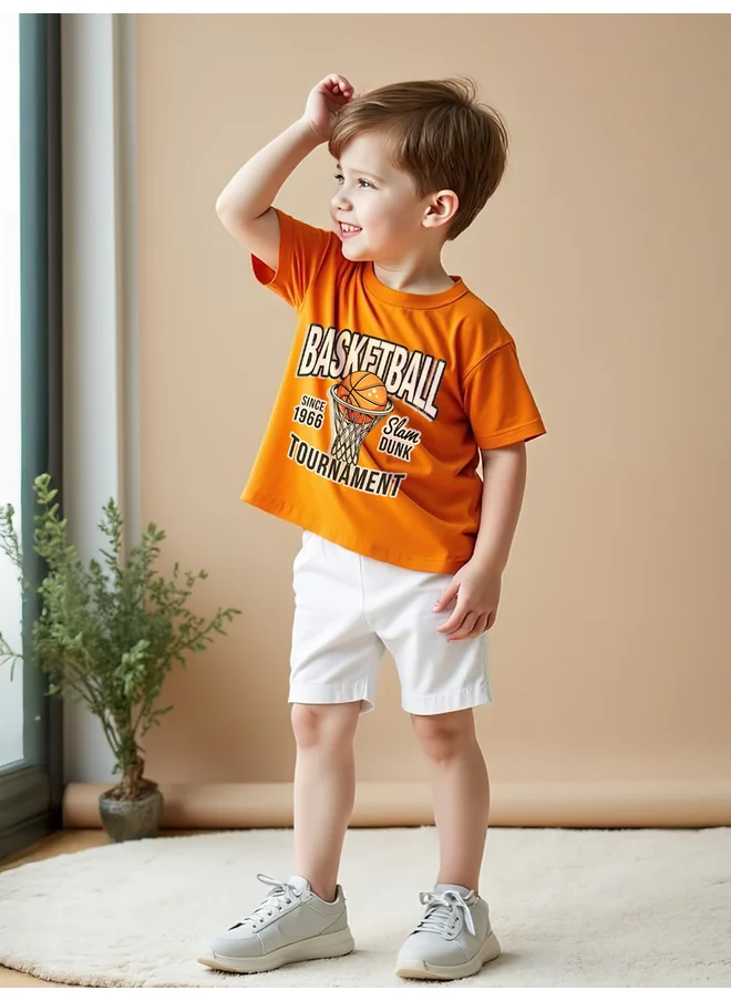 تايك تو Take Two Kids 2pcs Orange Basketball Printed Short Sleeve T-Shirt and Shorts Sets