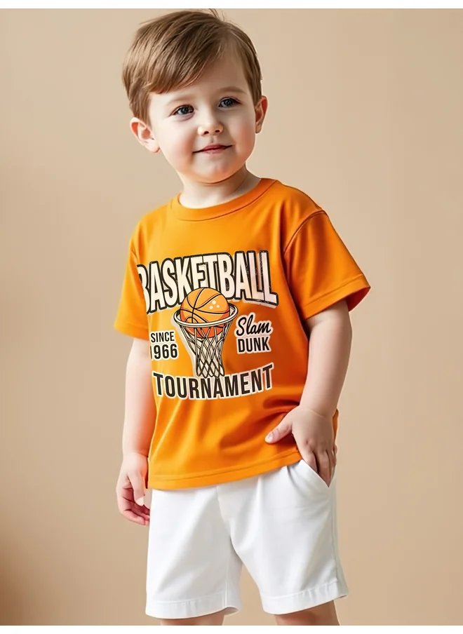 تايك تو Take Two Kids 2pcs Orange Basketball Printed Short Sleeve T-Shirt and Shorts Sets