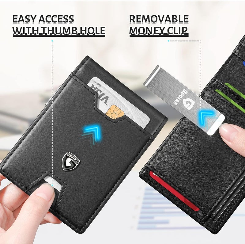 GSOIAX محفظة الرقيقة للرجال، مزودة بحماية ضد تقنية RFID، تصميم مزدوج الأجزاء، مصنوعة من جلد أصلي وألياف كربونية، تحتوي على حامل لبطاقات الائتمان، باللون الرمادي الداكن، رفيعة الوزن، مع صندوق هدايا. - Image 5