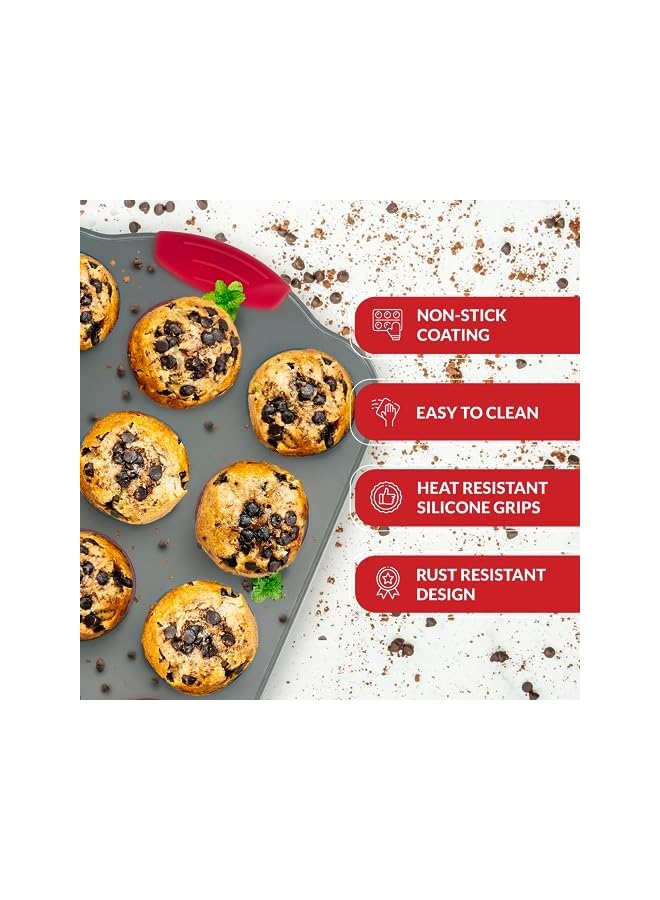 صينية مافن صغيرة مكونة من 12 كوبًا مع أكواب مافن سيليكون (مجموعة من 12) أدوات خبز احترافية غير لاصقة | علب الكعك المصنوعة من الفولاذ والسيليكون من الدرجة الثقيلة - Image 3