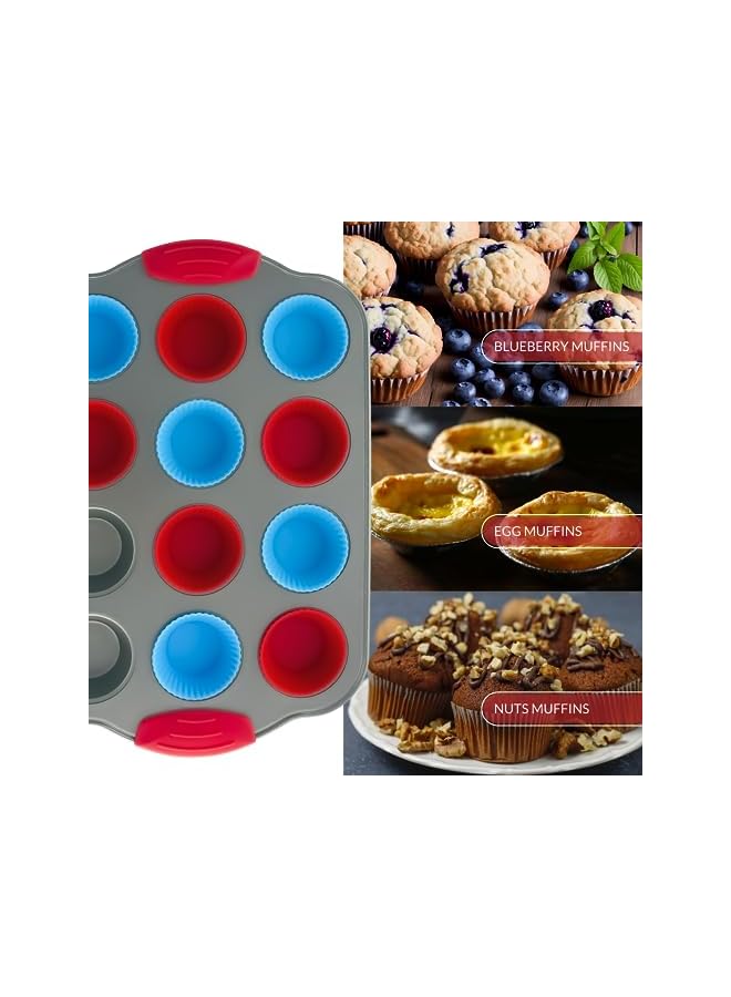 صينية مافن صغيرة مكونة من 12 كوبًا مع أكواب مافن سيليكون (مجموعة من 12) أدوات خبز احترافية غير لاصقة | علب الكعك المصنوعة من الفولاذ والسيليكون من الدرجة الثقيلة - Image 2
