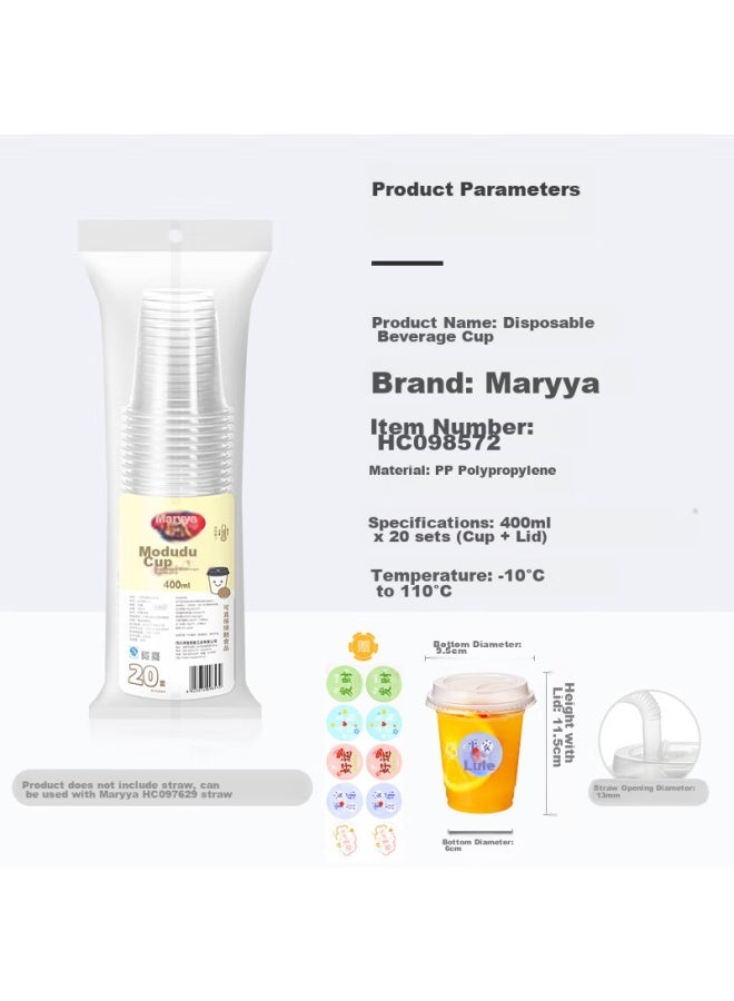 Maryya Meili Ya Disposable Milk Tea Cups 400ml*20 Sets, Coffee Cups With Lids, Thick Plastic Juice And Milk Tea Cups - Image 1
