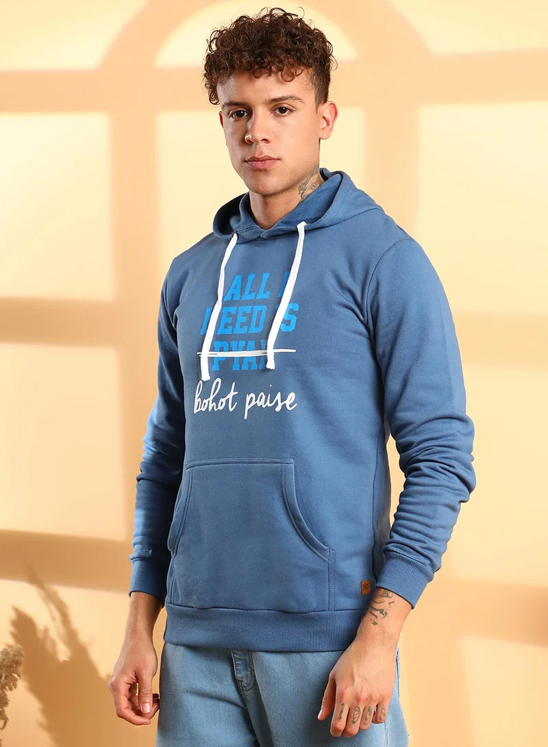 Campus Sutra Men's Blue All I Need Hoodie With Kangaroo Pocket