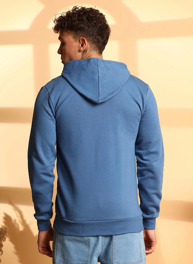 Campus Sutra Men's Blue All I Need Hoodie With Kangaroo Pocket
