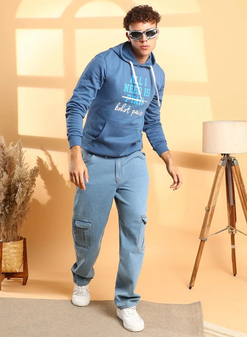 Campus Sutra Men's Blue All I Need Hoodie With Kangaroo Pocket