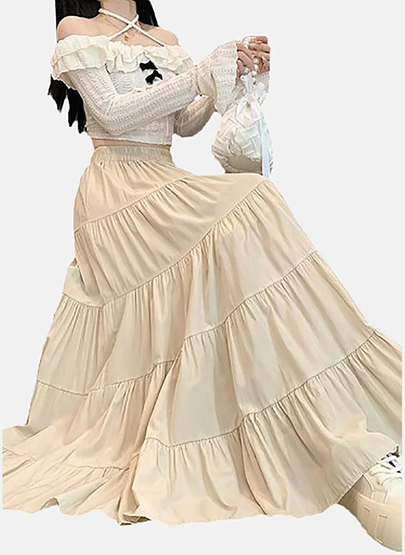 يونيكي Cream Tiered Solid Maxi Skirt