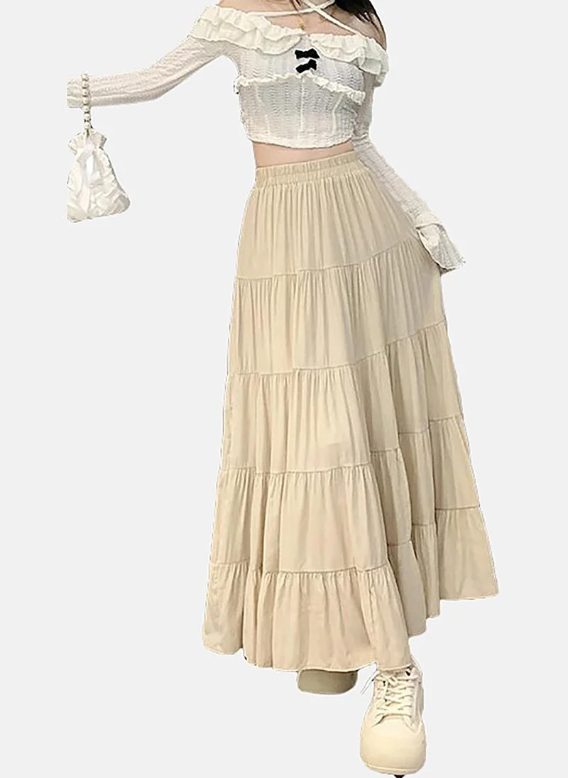 يونيكي Cream Tiered Solid Maxi Skirt