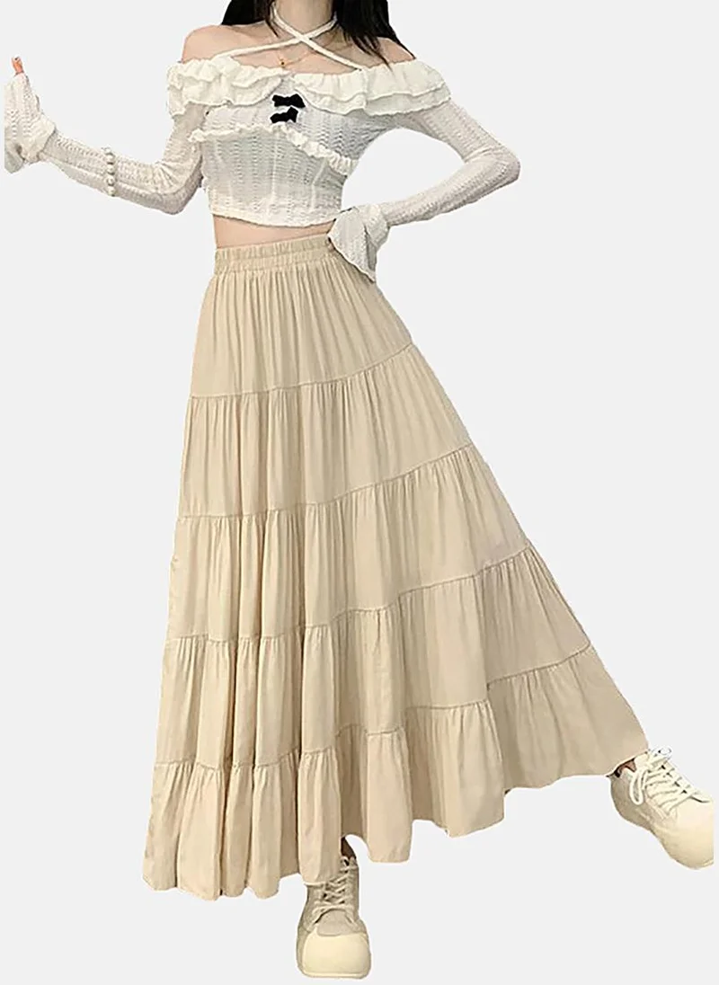 يونيكي Cream Tiered Solid Maxi Skirt