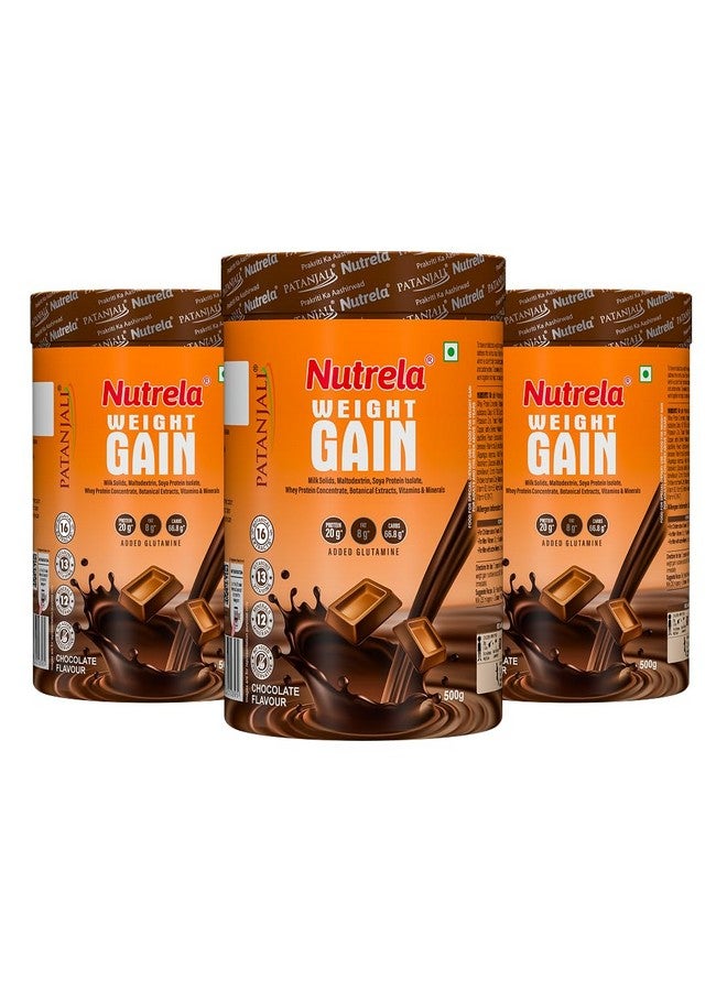 Nutrela Weight Gainer | 500g Chocolate Flavour (Pack of 3)| High-Calorie Mass Gainer with Vitamins & Khandsari Sugar | Ideal for Men & Women - Image 1