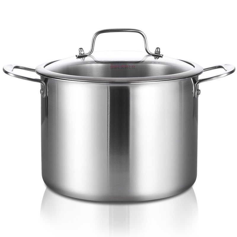 DELARLO TriPly Stainless Steel Soup Pot 12QT Triply Big Pots for Cooking 1810 whole clad Stainless Steel Pot Fast Even Heat 12 QT Stock cookware with Lid Pasta Pot Induction Ready Up to 600