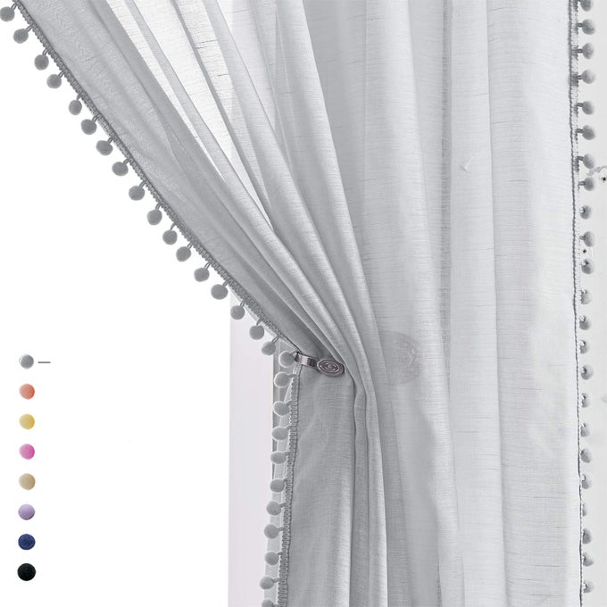 POMPOM GREY SHEER CURTAINS FOR BEDROOM 63 WINDOW DRAPES ROD POCKET TEXTURED SHEER CURTAIN FOR KIDS ROOM 52 W 2 PANELS