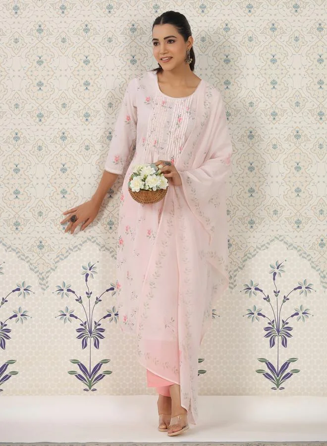 DW Floral Printed Pleated Kurta and Trousers with Dupatta Set by Styli