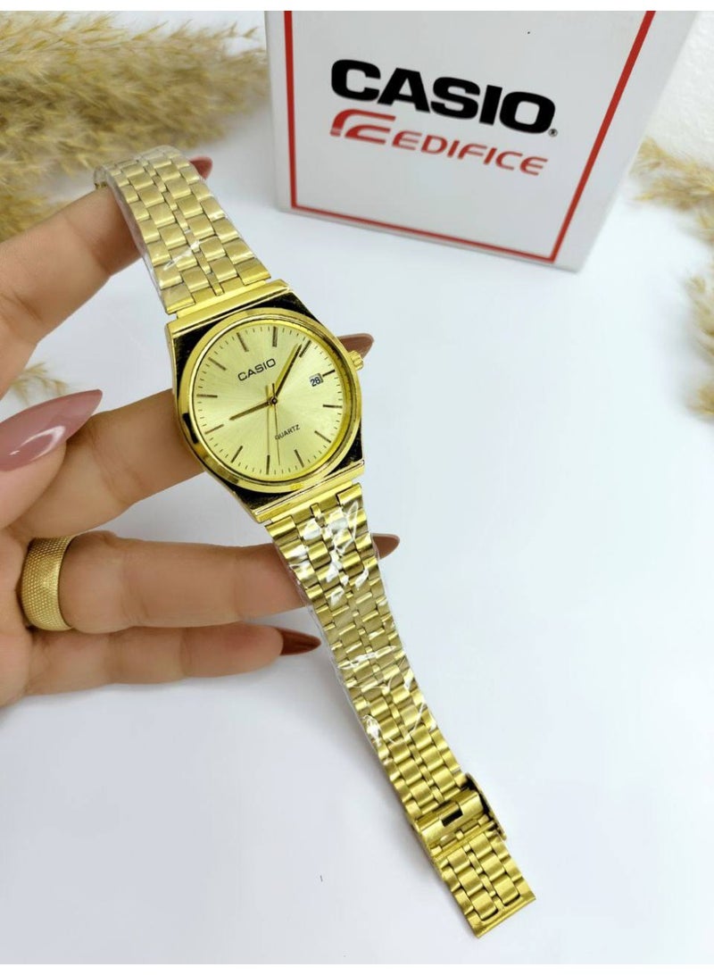 كاسيو ساعة كاسيو الكلاسيكية التناظرية باللون الذهبي للرجال/للجنسين - هيكل دائري، ميناء ذهبي، سوار مرن من الفولاذ المقاوم للصدأ، عرض التاريخ - Image 2