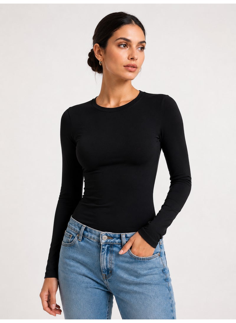 Women's Basic Long Sleeve  Black T-Shirt – Soft Stretch Fabric – Perfect for Layering - Image 1