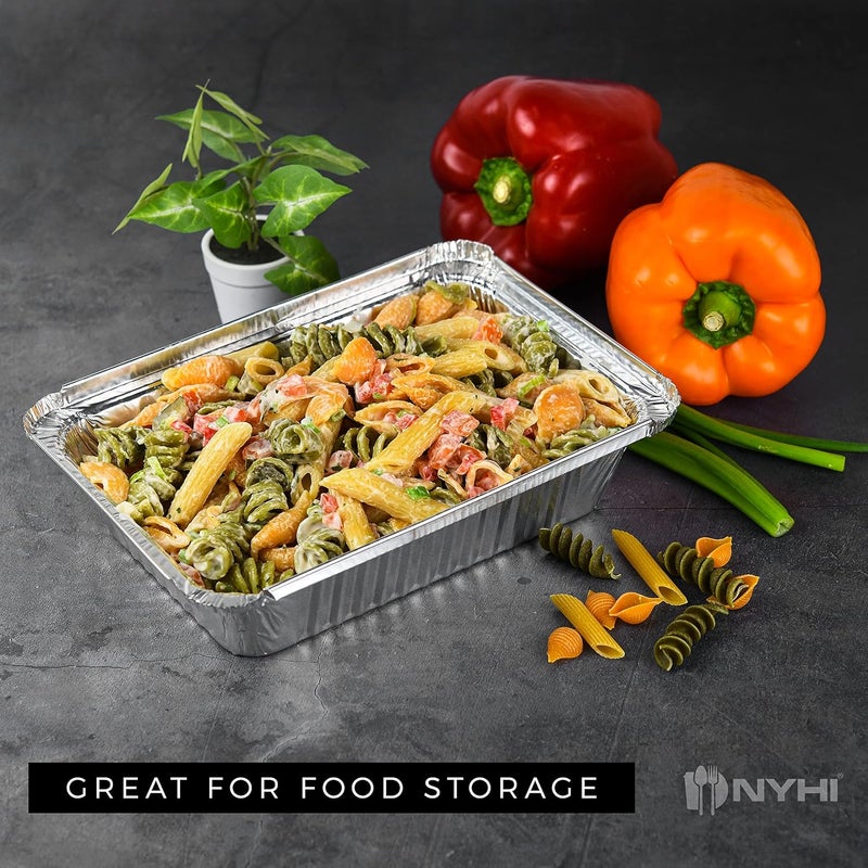 NYHI 50-Pack Heavy Duty Disposable Aluminum Oblong Foil Pans with Lid Covers Recyclable Tin Food Storage Tray Extra-Sturdy Containers for Cooking, Baking, Meal Prep, Takeout - 8.4" x 5.9" - 2.25lb - Image 2