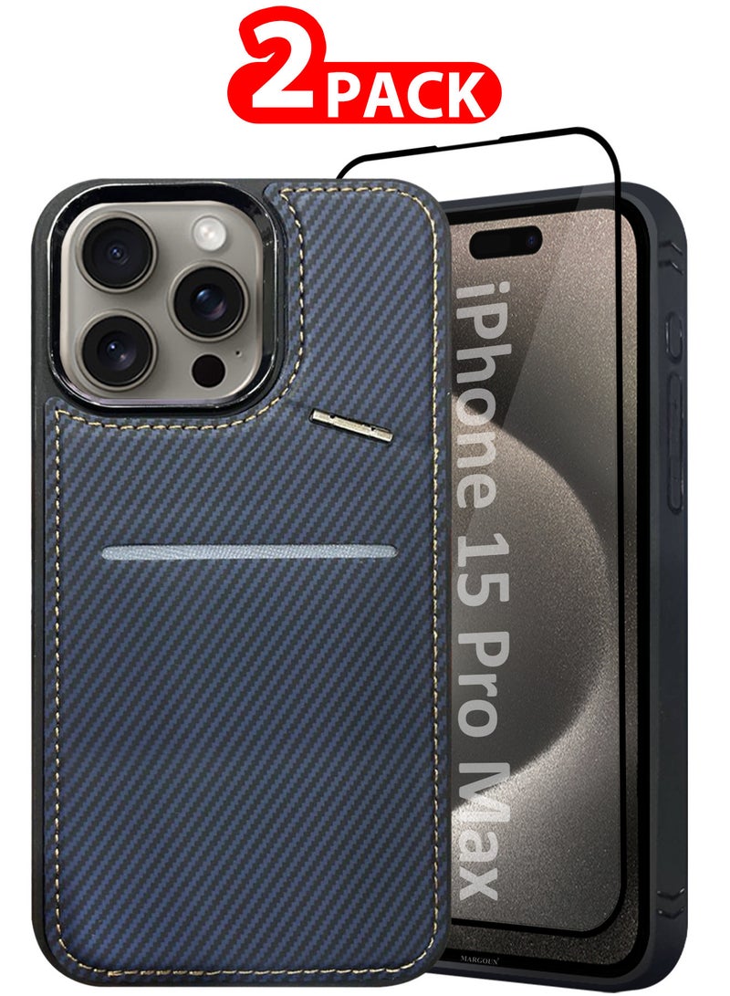 CATANES iPhone 15 Pro Max 2Pack Case Leather Cover Card Holder and Kickstand with 1 Screen Protector Tempered Glass for Men Women Phone Case with Carbon Fiber Pattern - Image 1