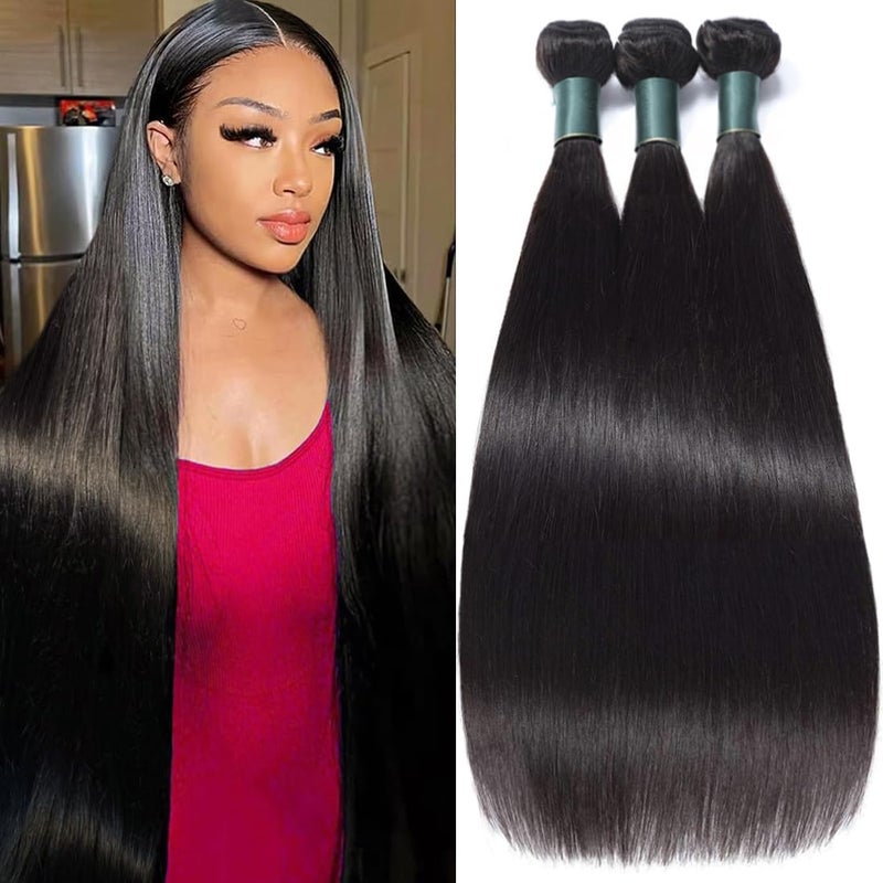 Great Grace 12A Human Hair Bundles Straight Bundles Human Hair 16 18 20 Inch 100% Unprocessed Brazilian Virgin Hair For Women Quick Weave Natural Black Color Extensions - Image 2