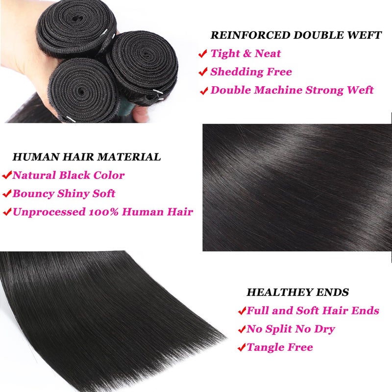 Great Grace 12A Human Hair Bundles Straight Bundles Human Hair 16 18 20 Inch 100% Unprocessed Brazilian Virgin Hair For Women Quick Weave Natural Black Color Extensions - Image 3