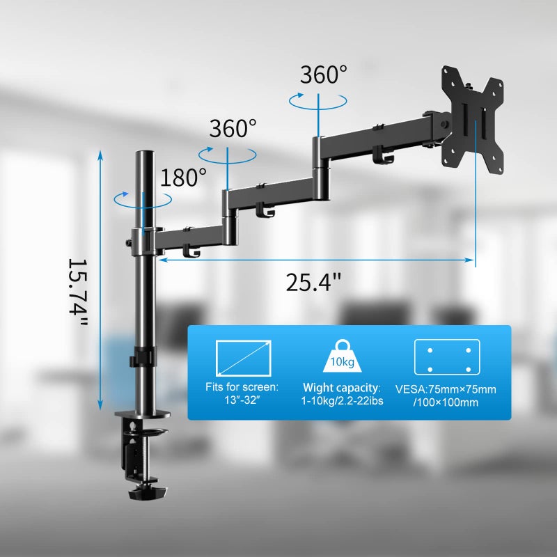 Pholiten Single Long Monitor Stand, 13 to 32 inch Computer Monitor Desk Mount, Extra Long Adjustable Monitor Arm, VESA Stand for 1 Screen, Max VESA 100x100, Single Monitor Mount, Long Monitor Arm MD9431 - Image 2