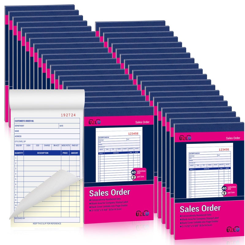 UZLU 40 Pack Sales Order Book Bulk, 2-Part Carbonless Receipt Form Invoice, White/Yellow, 3-11/32x5-5/8 lnches, General Purpose Sales Book for Small Businesses and Service Providers, 40 Sets per Book - Image 1