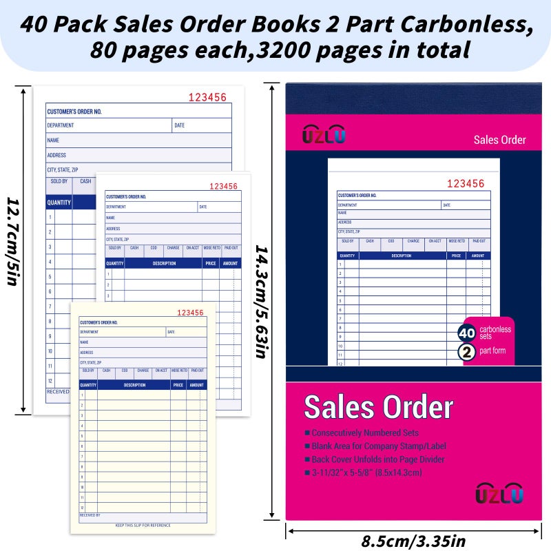 UZLU 40 Pack Sales Order Book Bulk, 2-Part Carbonless Receipt Form Invoice, White/Yellow, 3-11/32x5-5/8 lnches, General Purpose Sales Book for Small Businesses and Service Providers, 40 Sets per Book - Image 2