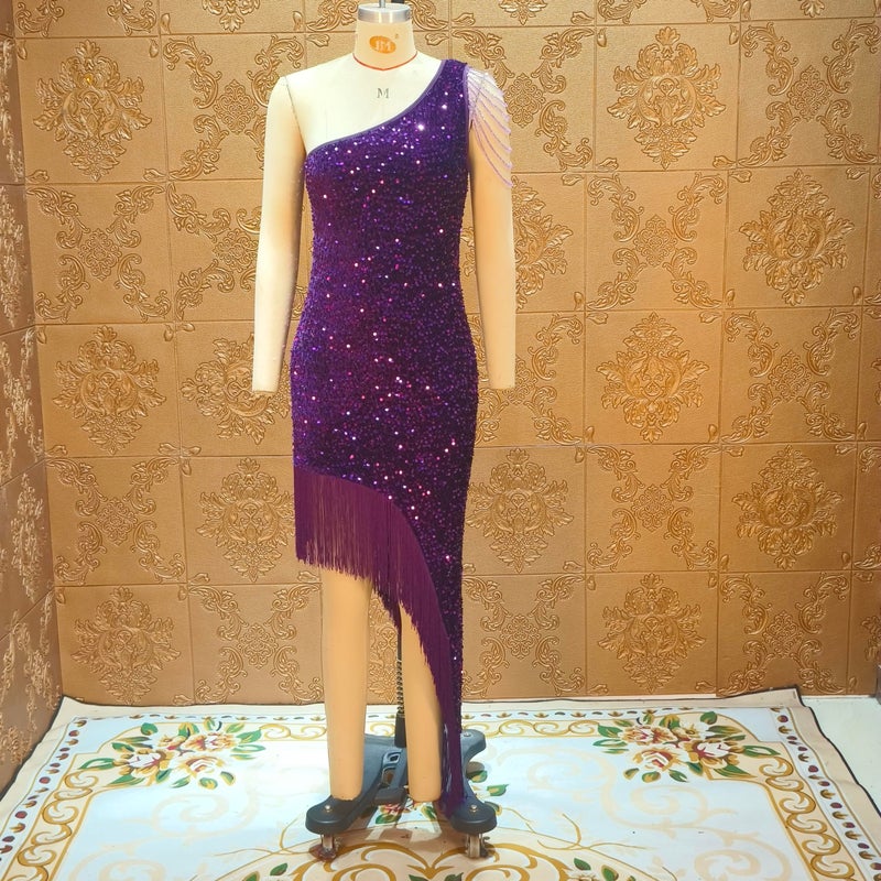 Cololura Women Sequin Elegant Sexy Tassels One Shoulder Mermaid Bodycon Cocktail Evening Midi Party Formal Dress - Image 5