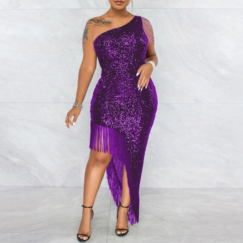 Cololura Women Sequin Elegant Sexy Tassels One Shoulder Mermaid Bodycon Cocktail Evening Midi Party Formal Dress - Image 2