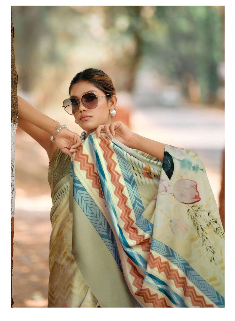 Grab Mantra Satin Silk Floral Print Saree With Unstitched Blouse  - Image 3